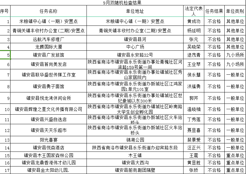 镇安县消防救援大队2023年9月“双随机一公开”检查结果公示
